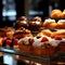 Sweet pastries with berries. Showcase in a candy store. Glass stand with cake eclairs and tartlets.