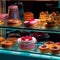 Sweet pastries with berries. Showcase in a candy store. Glass stand with cake eclairs and tartlets.