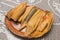 Sweet pineapple tamales, blue and red chili tamales. Typical Mexican food.