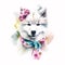 Sweet and Playful: Meet the Cutest Samoyed Puppy in a Pink Bow and Glasses in Watercolor Stock Photo! AI Generated