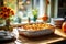 Sweet potato casserole topped with marshmallows in baking dish on a table. Festive winter dish served for Thanksgiving Day family