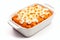 Sweet potato casserole topped with small marshmallows on white background. Festive dish served for Thanksgiving Day family dinner