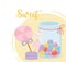 Sweet products macaron biscuit marshmallow lollipop and jar glass with caramels