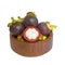 The sweet Purple Mangosteens fruits in a brown wooden bowl, a part of half fruit peeled on top