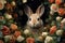 Sweet rabbit with velvet fur, surrounded by roses . Generative AI