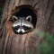 Sweet racoon peeking through a tree. Created using ai generative.