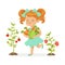 Sweet redhead little girl picking vegetables in the garden, kids healthy food concept colorful vector Illustration