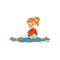 Sweet redhead little girl in warm clothing playing in puddle with paper ship, cute kid enjoying fall, autumn kids