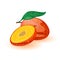 Sweet ripe mango whole and half. Tropical exotic stone fruit with leaf.