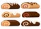 Sweet roll cake. Chocolate swiss roll. Collection of cakes. Flat vector illustration isolated on white background