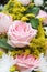 Sweet rose bouquet blooming with decoration yellow flowers ornamental on background