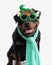 sweet rottweiler dog with blue scarf and elf glasses sticking out tongue