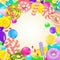 Sweet round frame. Different candies and sweets colorful background. Lollipop, candy, marmalade, candy cane, orange, lemon and do