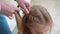 A sweet school girl sitting while mother braids hair. early rises to school.