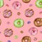 Sweet seamless background. Colorful donut watercolor paints on rose pike isolate background