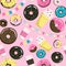 Sweet seamless donuts, coffe and ice cream pattern. Summer party background with flags garland. Can be used for wrapping