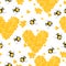 Sweet seamless pattern with bees and honey hearts.