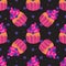 Sweet seamless pattern with cupcakes on a black background. Confectionary backdrop for your design. Vector illustration.