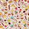 Sweet seamless pattern with cupcakes, sweets, ice-creams, cookies. Pastry seamless pattern. For birthday card, menu, package, text