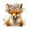 Sweet Serenity: Cute Baby Fox Watercolor with Florals, Isolated on White background - Generative AI