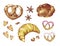 Sweet set, illustration collection with watercolor bakery products croissant, bun, pretzel, cookie, hand drawn isolated on a whi
