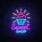 Sweet Shop logo is neon style. Candy Shop neon sign, banner light, bright neon night sweets advertising. Design template
