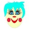 A sweet, slightly frightening face of a clown with blue