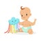 Sweet smiling baby in a diaper playing with toy cloud, colorful cartoon character vector Illustration