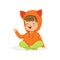 Sweet smiling little girl dressed in fox sweater colorful cartoon character vector Illustration