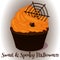 Sweet and Spooky Cupcake with hocolate web and spider for Halloween in cartoon style. Vector illustration. Holiday