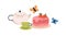 Sweet strawberry cake, teapot, tea cup. Birthday berry dessert, teacup composition. Festive holiday confectionery. Flat