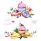 Sweet summer collection with donuts,leaves,succulent plant,branches,pansy flower,macaroons,lemon and cherry cheesecakes,cupcakes.