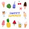 Sweet summer collection. Fruit or berry beverages, ice creams, pineapple. Design elements for poster, banner, print
