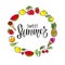 Sweet summer lettering in Fruit frame. Round seasonal fruit border. Berries, fruits, ice cream isolated. Hot season