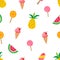 Sweet summer pattern with pineapples, watermelons, ice cream, lolipops. Colorful summer texture with tropical fruits