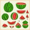 Sweet summer set. Whole watermelons and juicy watermelon slices. Summer poster design elements.