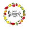 Sweet summertime lettering in Fruit frame. Round seasonal fruit border. Berries, fruits, ice cream isolated. Hot season