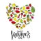 Sweet Summertime lettering and seasonal fruit ingredients background in shape of heart. Fruits, berries, ice cream