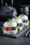 Sweet sushi burger with berries and mascarpone as Japanese cuisine