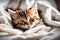 A sweet tabby kitten naps on a white blanket. Cats take cat naps on beds Generated Ai