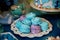 Sweet table for children`s birthday party in turquoise and purple. A sense of celebration, joy. Beautiful sweets