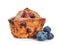 Sweet tasty muffin with blueberries on white background