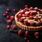 Sweet temptation Bakewell Tart on dark background with text space