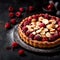 Sweet temptation Bakewell Tart on dark background with text space