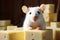 Sweet temptation White rat poses with cheese, close up copy space