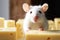 Sweet temptation White rat poses with cheese, close up copy space