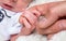 sweet tiny new born baby hand hold mum index finger. concept relationship between mother or parants and baby