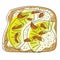 Sweet toast with fruits and nuts doodle. A piece of bread with slices of pineapple and nuts. Vector illustration