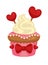 Sweet vanilla cupcake with red hearts and bows decorations isolated