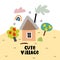 Sweet village. cartoon house, hand drawing lettering, decor elements. colorful illustration for kids, flat style. typography font,